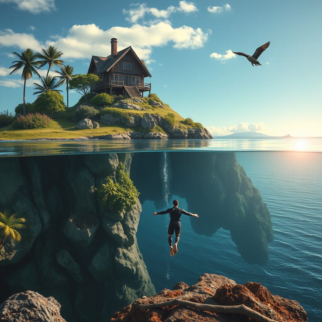screamin' man divin' underwater house from a cliff