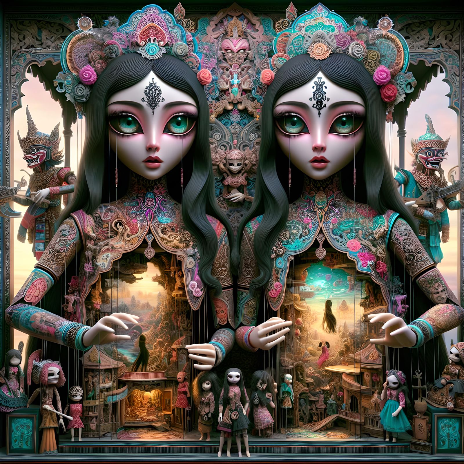 Ornate Fantasynoir Puppets in a Mystical Realm