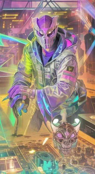 Cyberpunk Alchemist with Holographic Ghost Mask