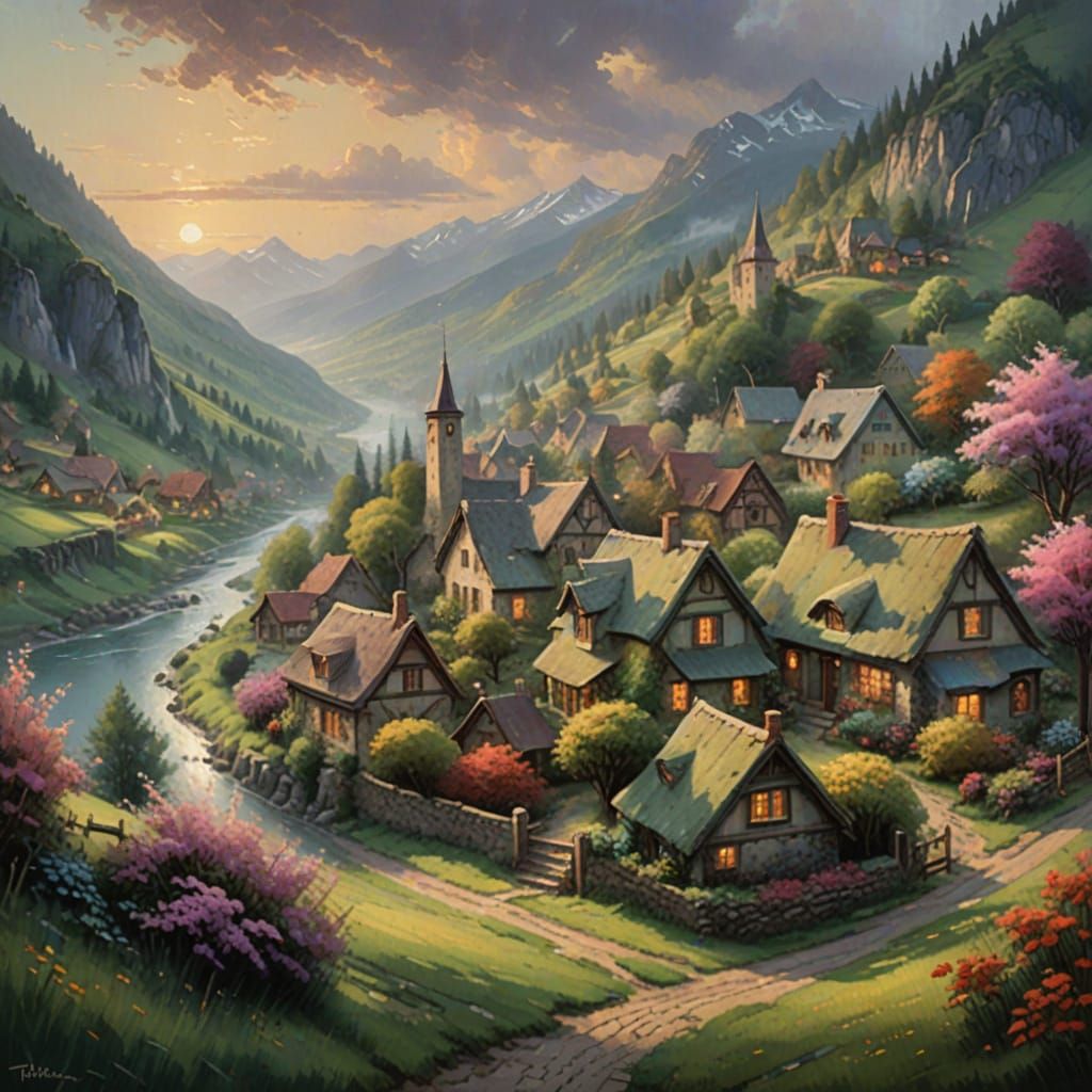 Whimsical Village in a Lush Valley at Dawn