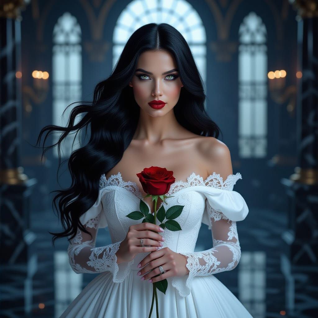 Gothic Woman with White Eyes in Lace Dress