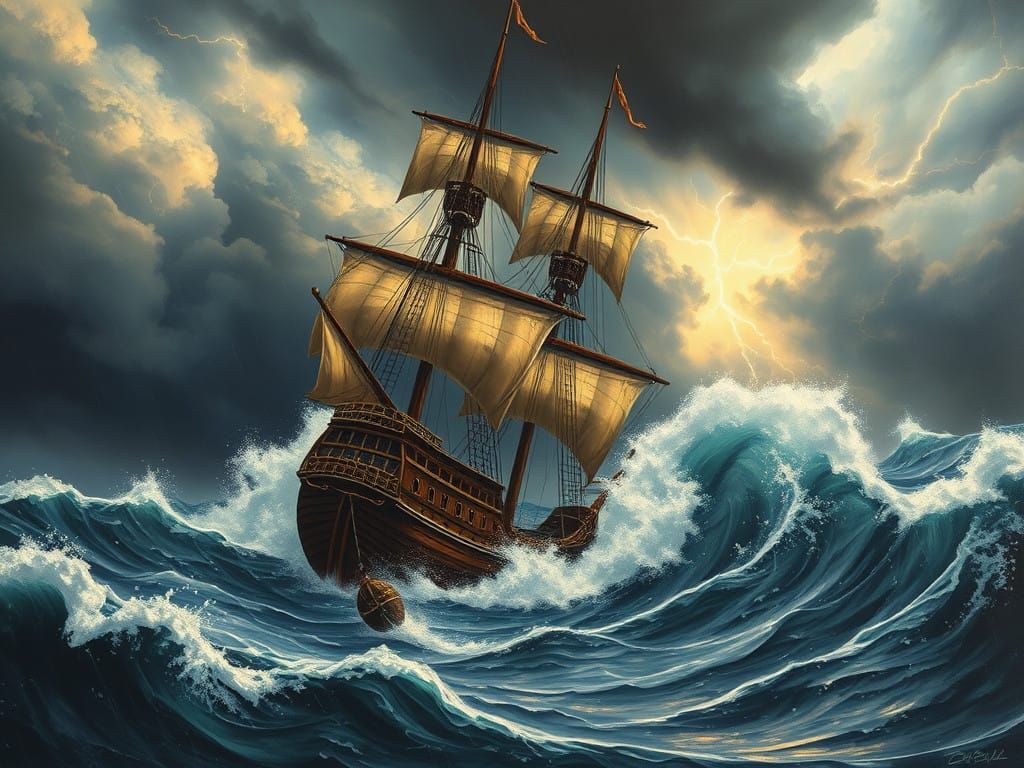 Storm-Tossed 17th-Century Galleon in Turbulent Seascape