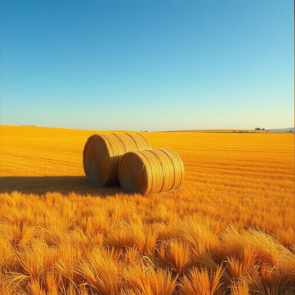 Golden Haybales in Sunlit Field, Impressionistic Style