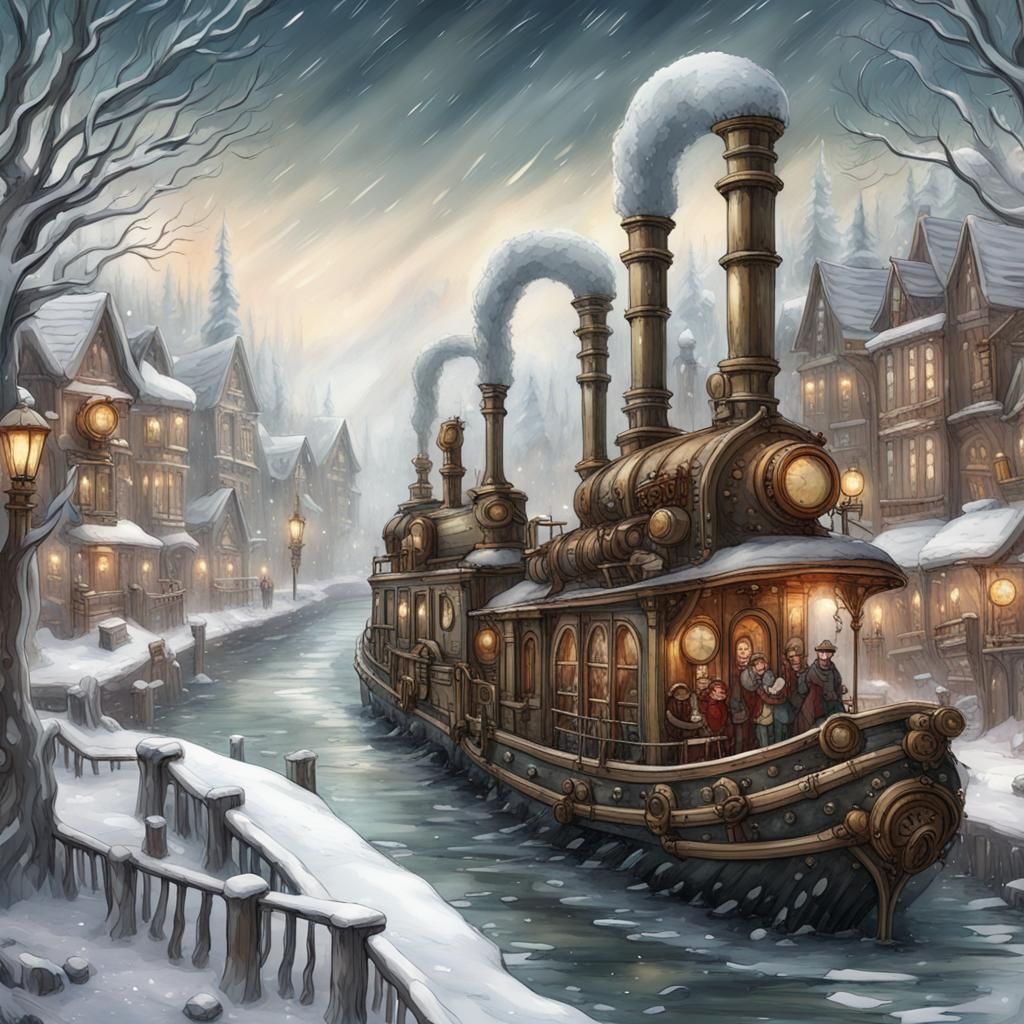 Festive Steampunk Barges in Snowy Victorian Town