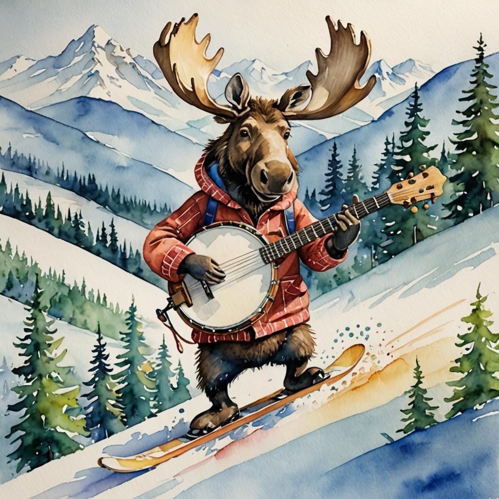 Cute Moose Plays Banjo on Ski Slope: Watercolor