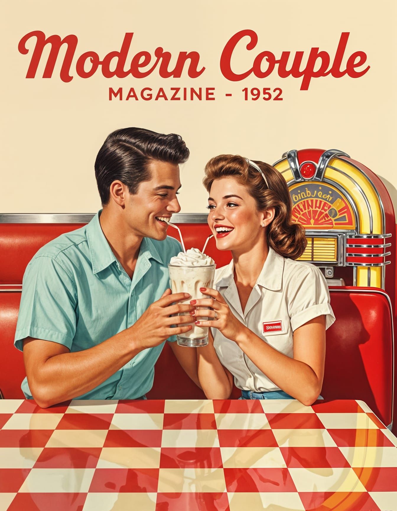 1950s Diner Couple Sharing Milkshake, Retro Magazine Style