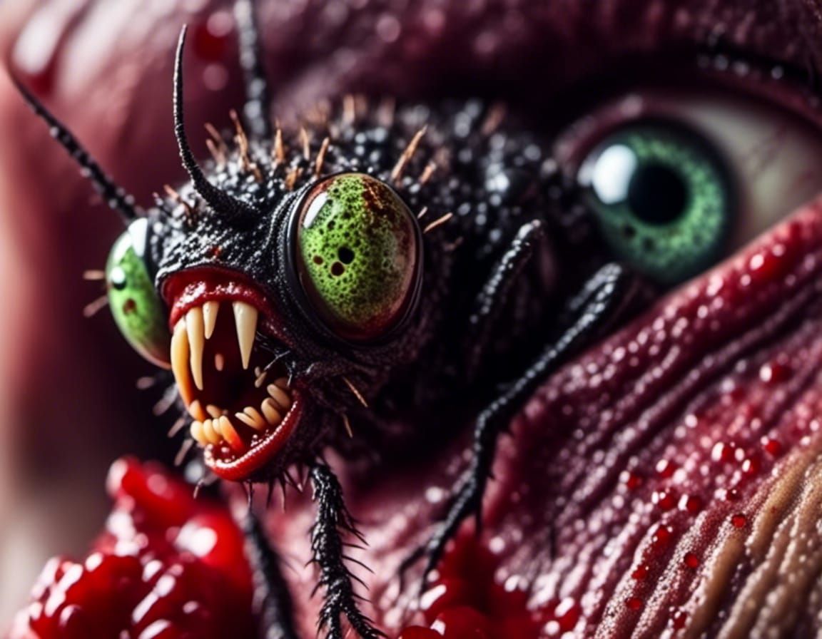 Zombie Flies Feast on Undead Face: Macro Horror