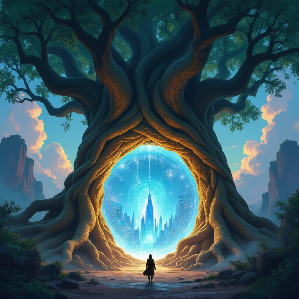 Ancient Tree Portal to Futuristic City