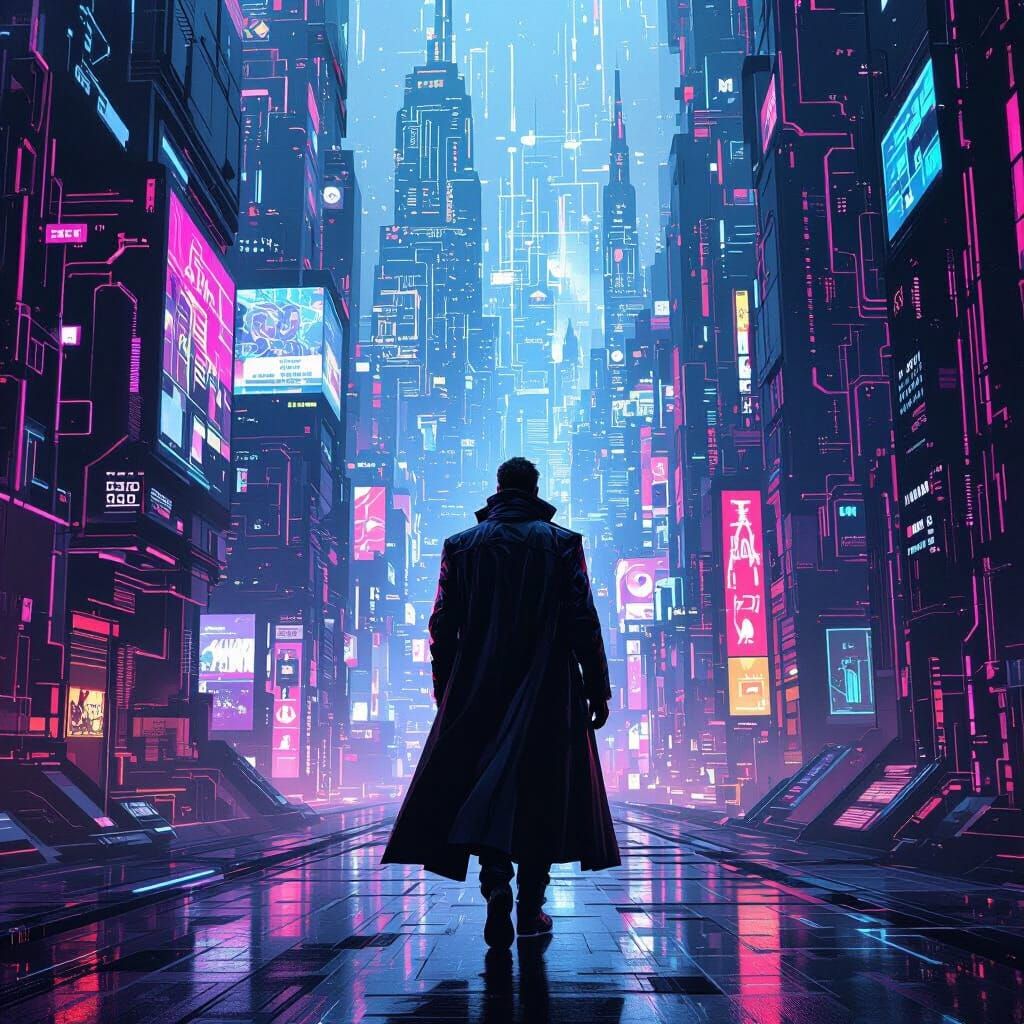 Cybernetic Man in Neon-Lit Cyberpunk City