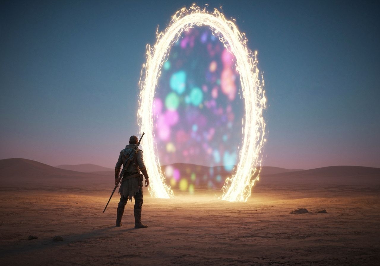 Adventurer at Shimmering Portal to Ethereal World