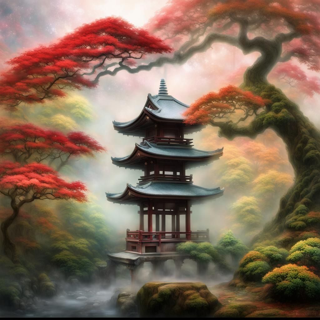 Japanese Pagoda with Bonsai in Double Exposure