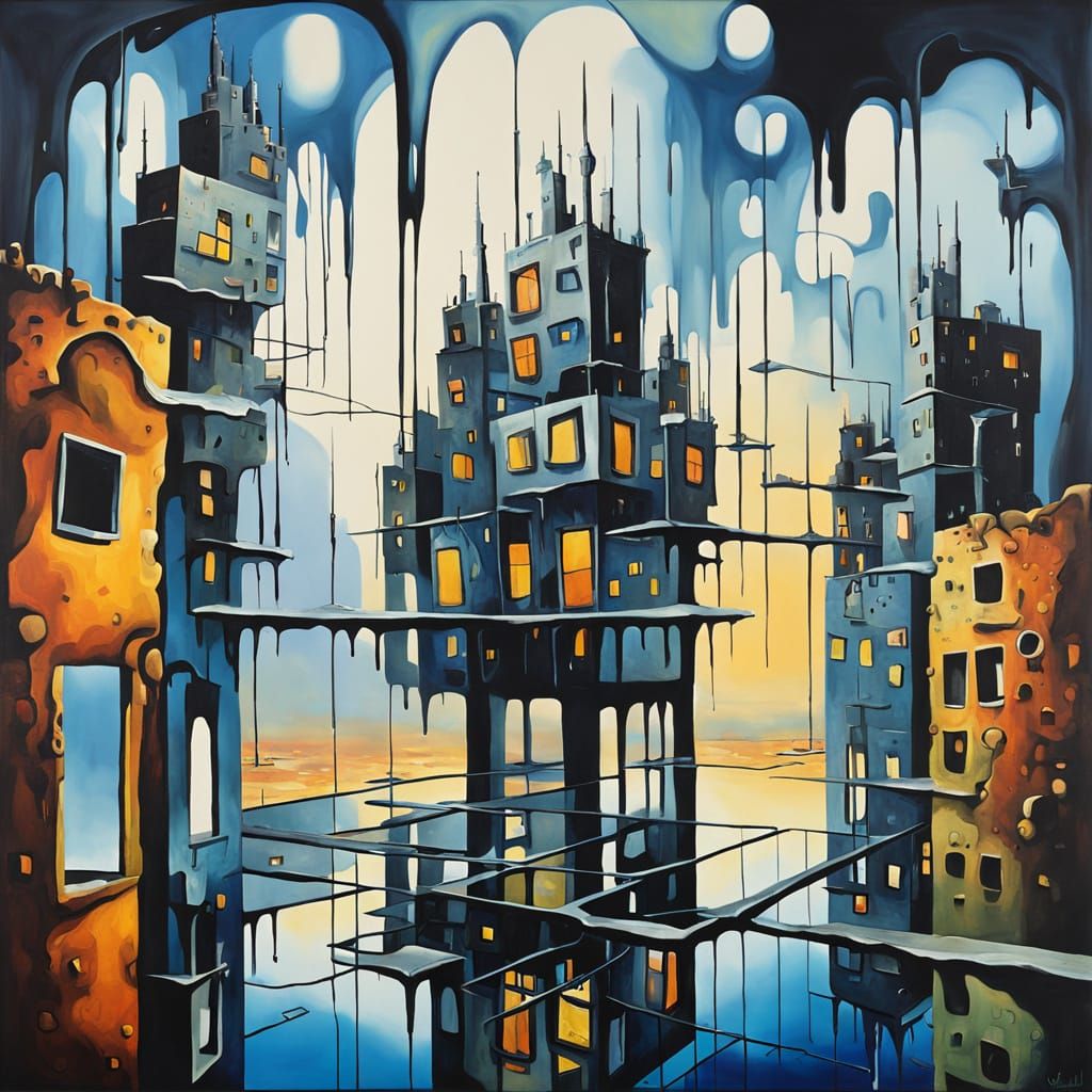 Surreal Cityscape Melting in a Dripping Metropolis
