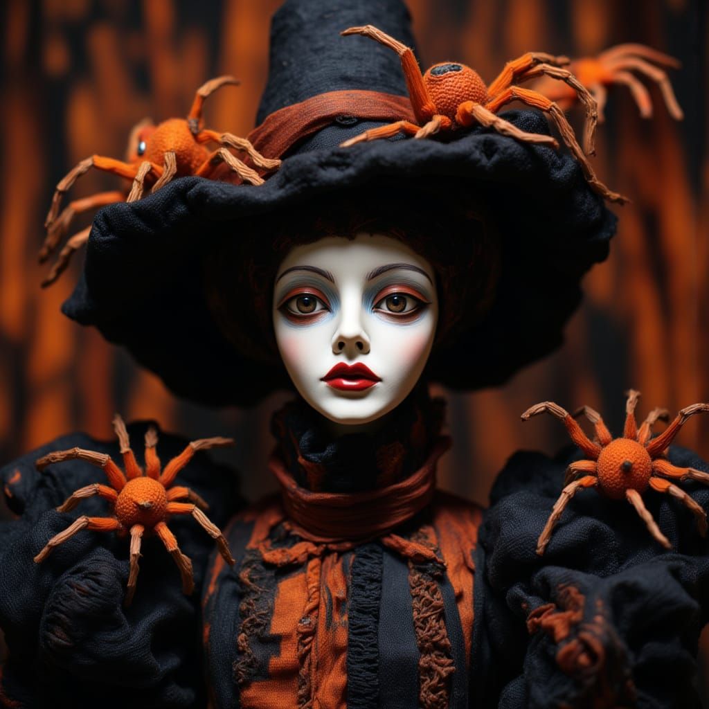 Beautiful Witch Doll with Orange Spiders in Halloween Colors