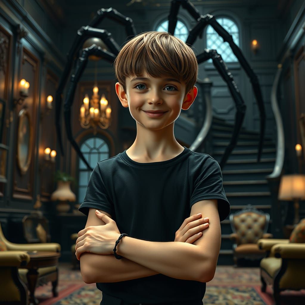 Boy With Spider in Hyper-Realistic Hotel Lounge