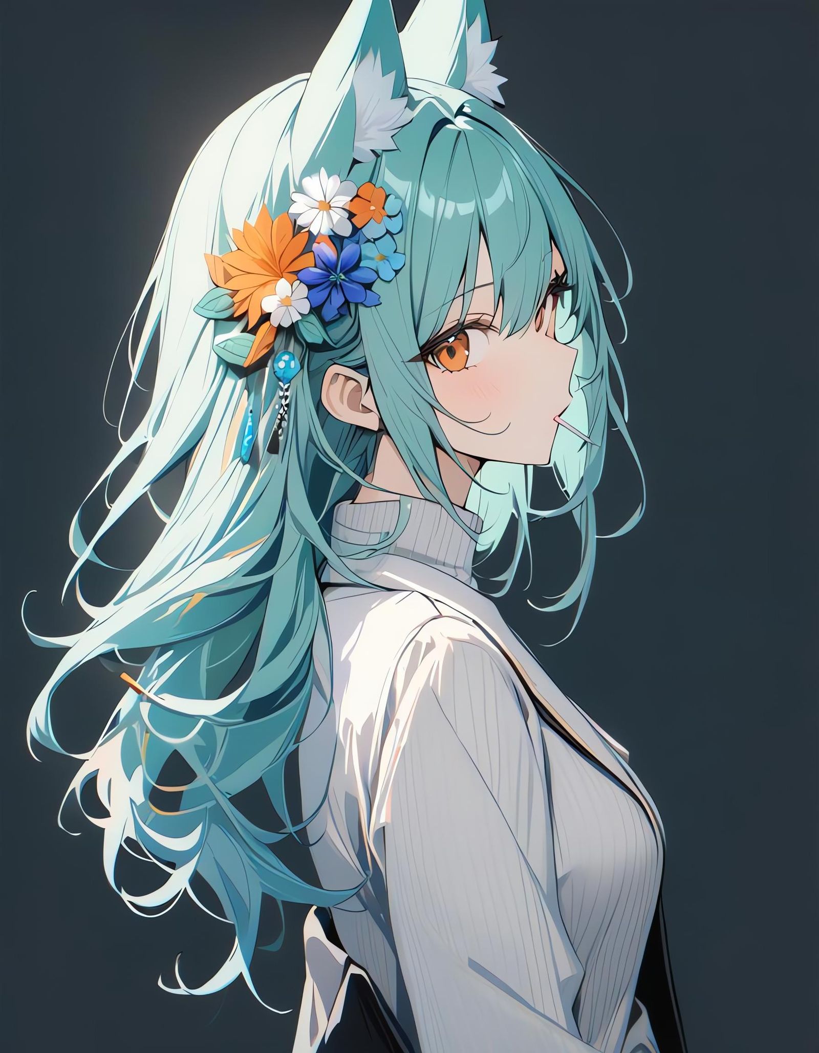 Aqua-Haired Girl with Fox Ears and Lollipop