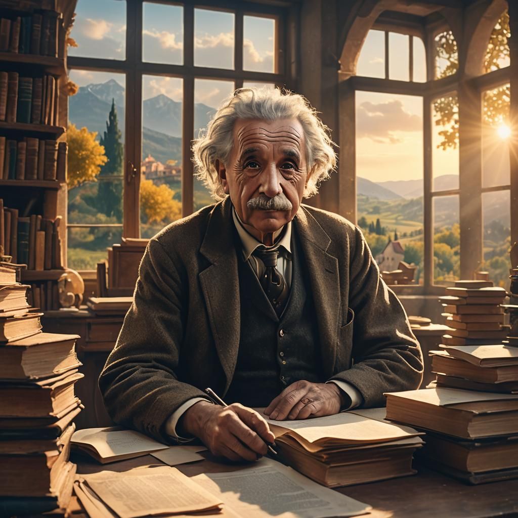 Einstein at His Desk with Italian View