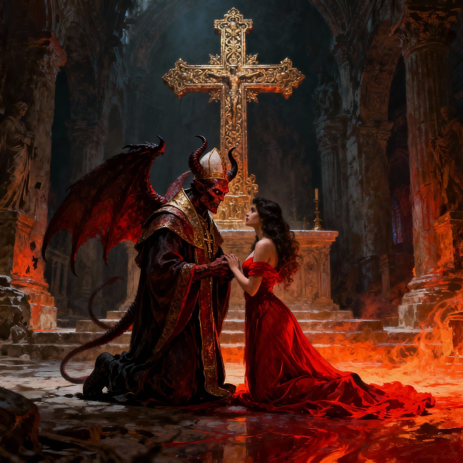 Demon Pope and Woman in Temple, Gustave Doré Style