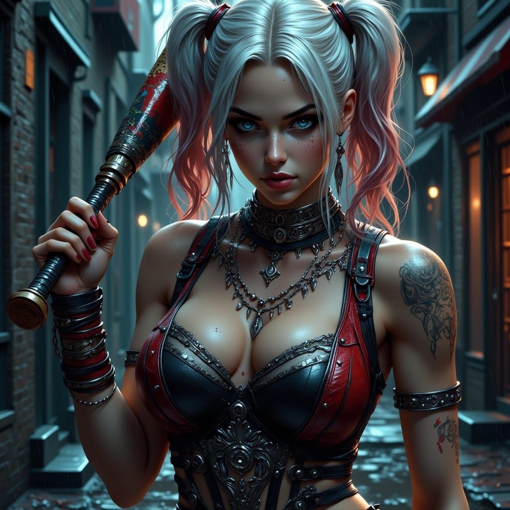 Harley Quinn in Rain-Slicked Alleyway with Baseball Bat