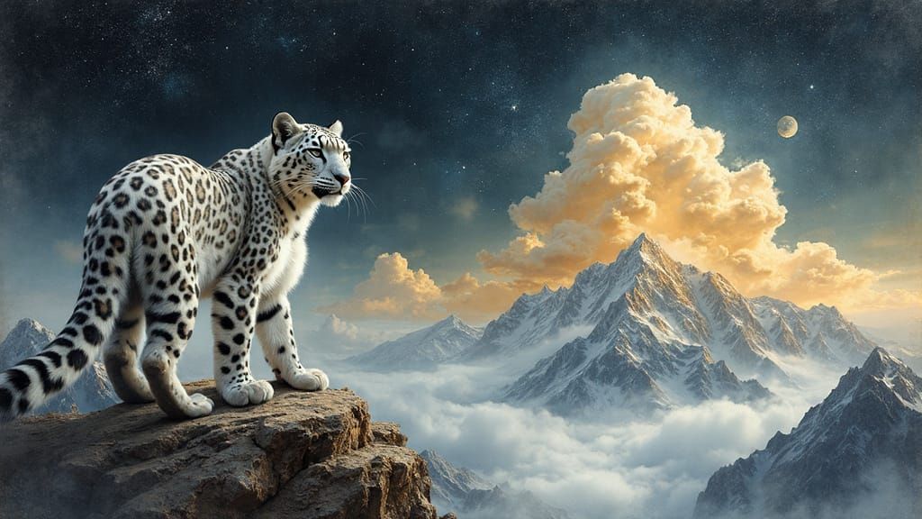 Ethereal Snow Leopard in Celestial Landscape with Golden Tig...