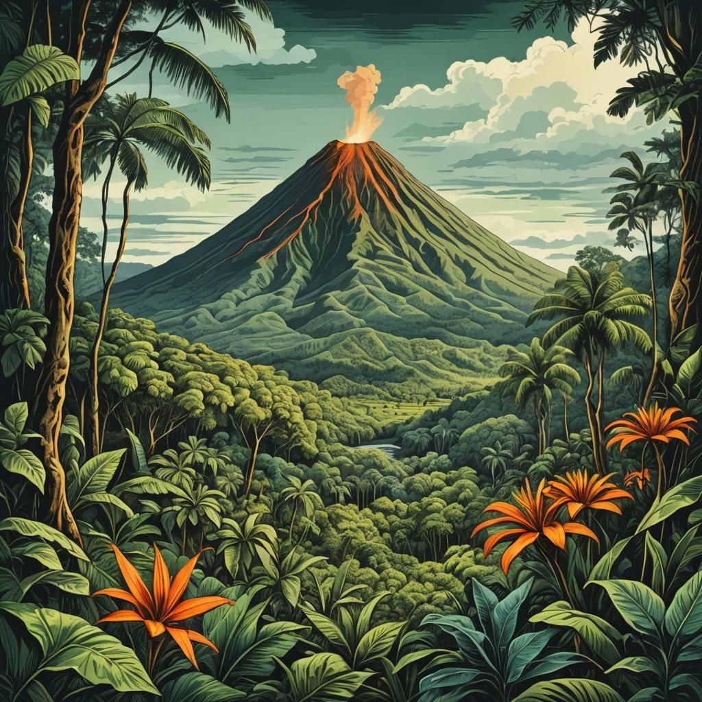 Arenal Volcano in Jungle: Colored Abstract Engraving