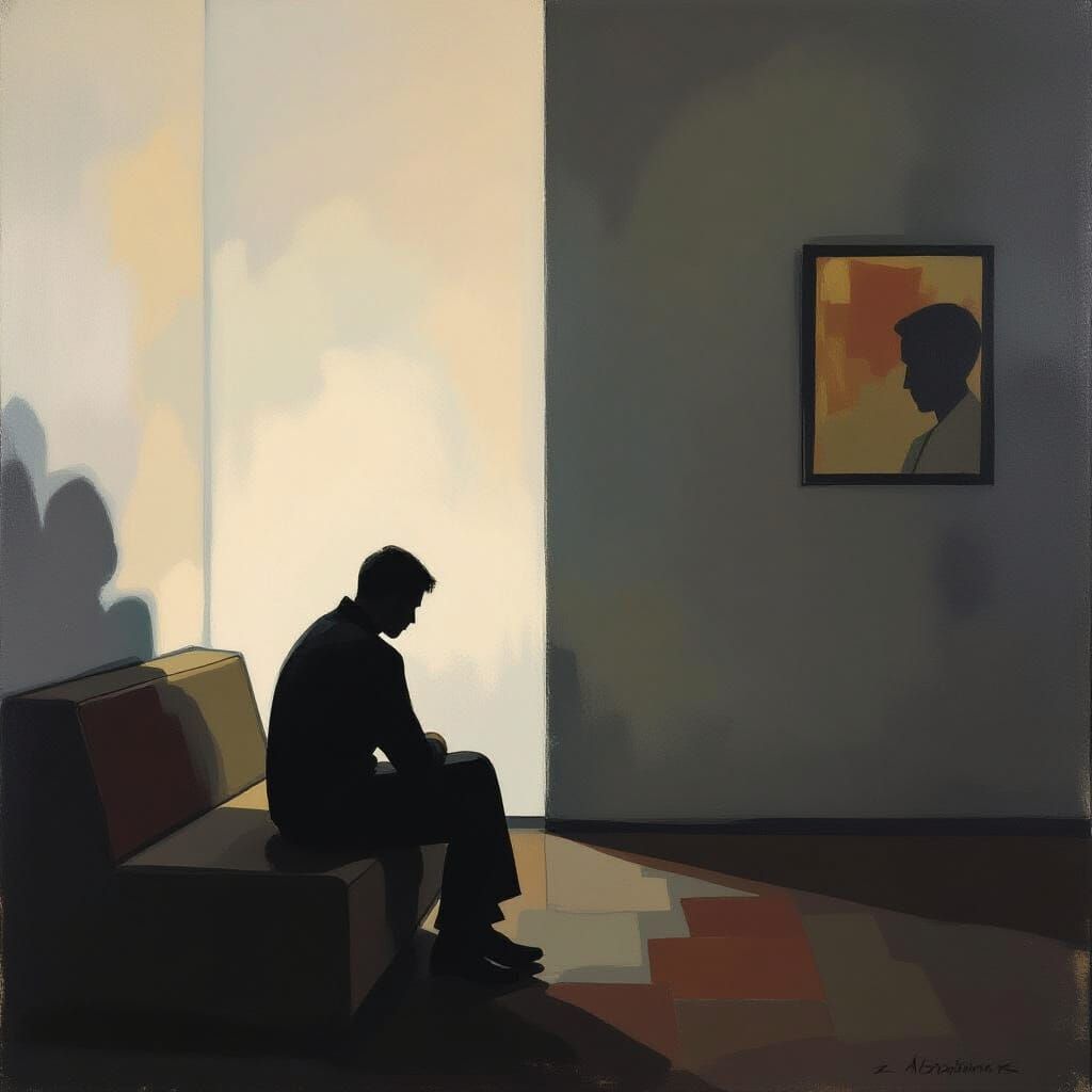 Melancholy Figure in Dimly Lit Room