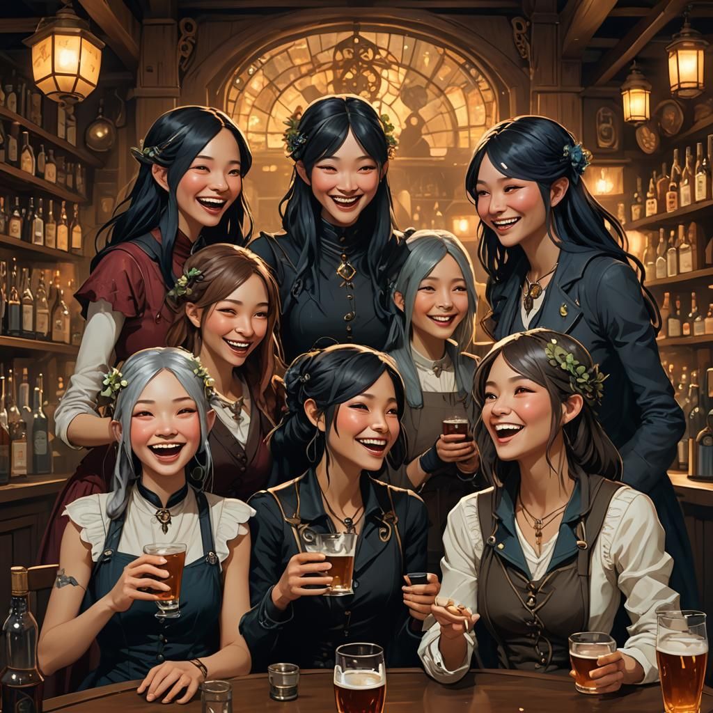 Fantasy Friends Laughing in a Pub, Hyperdetailed Art