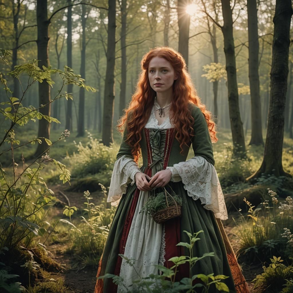 Spring Forest Sunrise with Red-Haired Woman