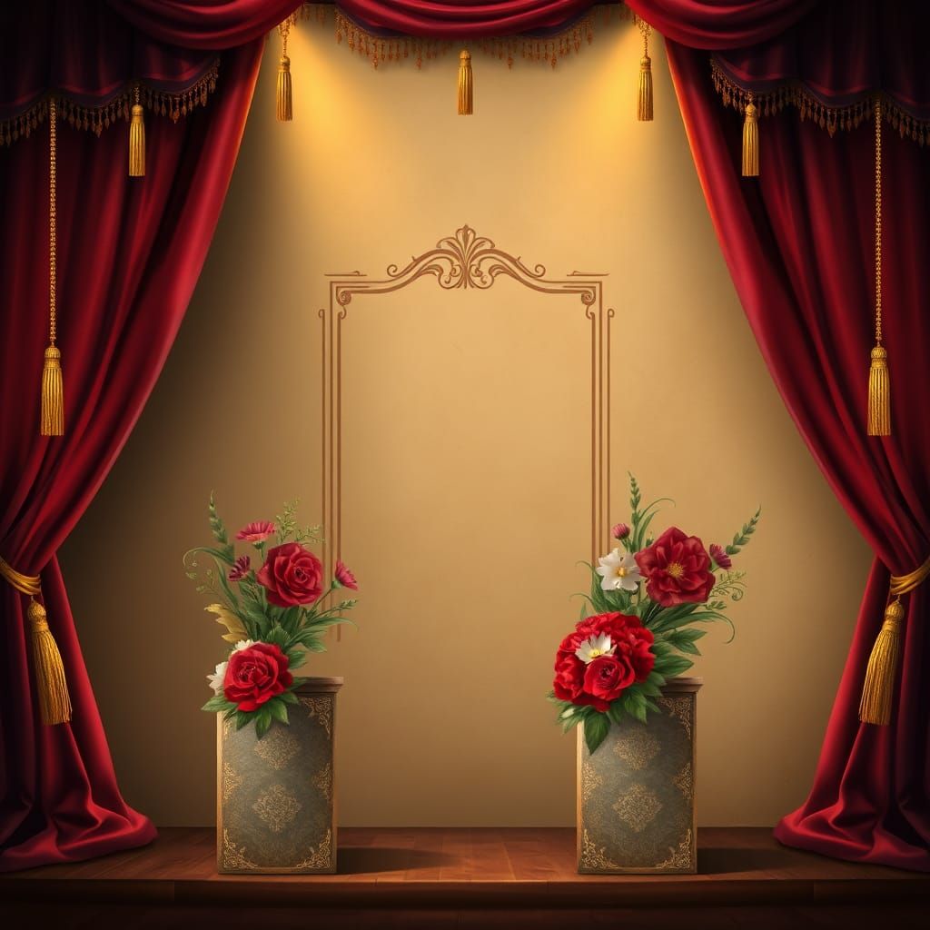 Ornate Theatrical Scene with Velvet Curtains and Parchment