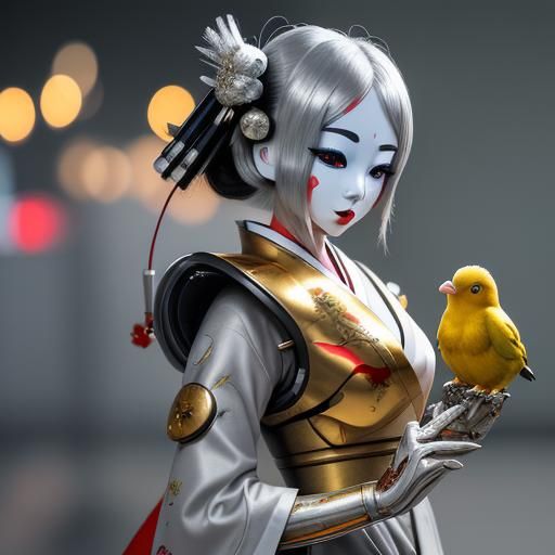 Silver Robo Geisha Touches a Golden Bird