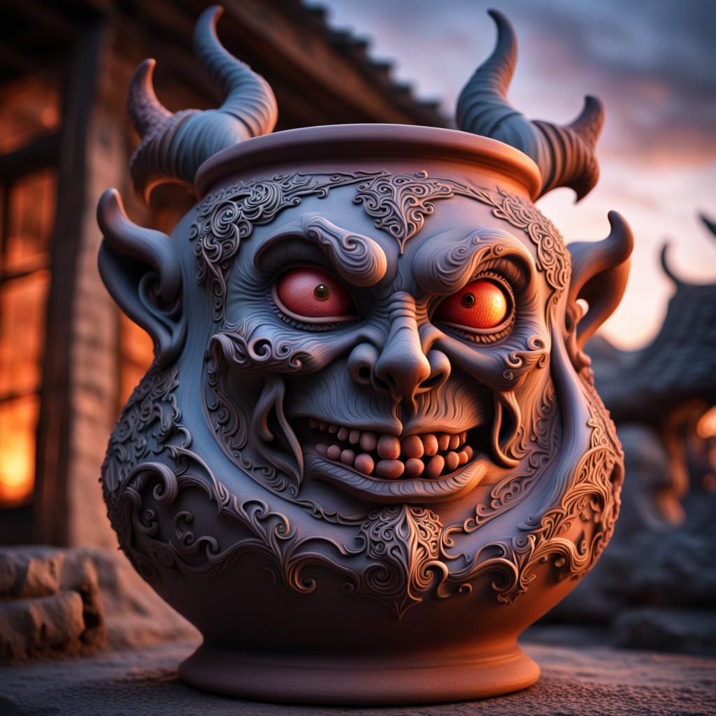 Hyperrealistic Demon Clay Pot in Fantasy Style