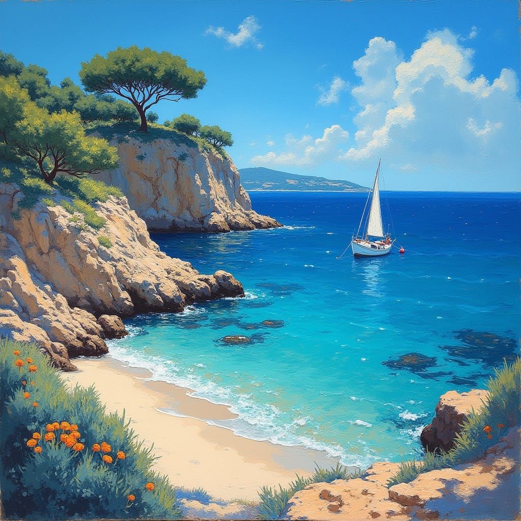 Turquoise Mediterranean Cove with Small Boat and Rocky Shore...