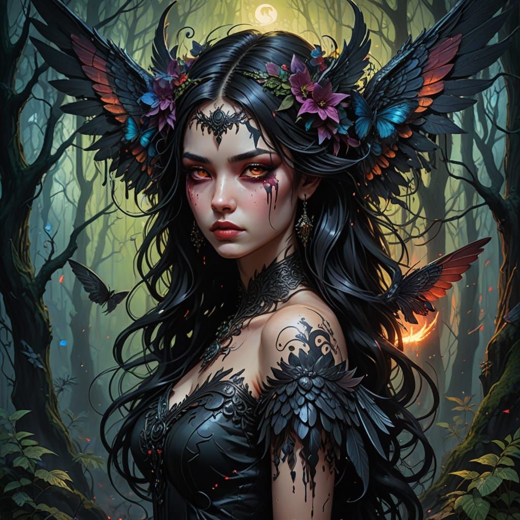 Surreal Lilith Goddess in Dark Smoky Forest, Cyberpunk Graff...