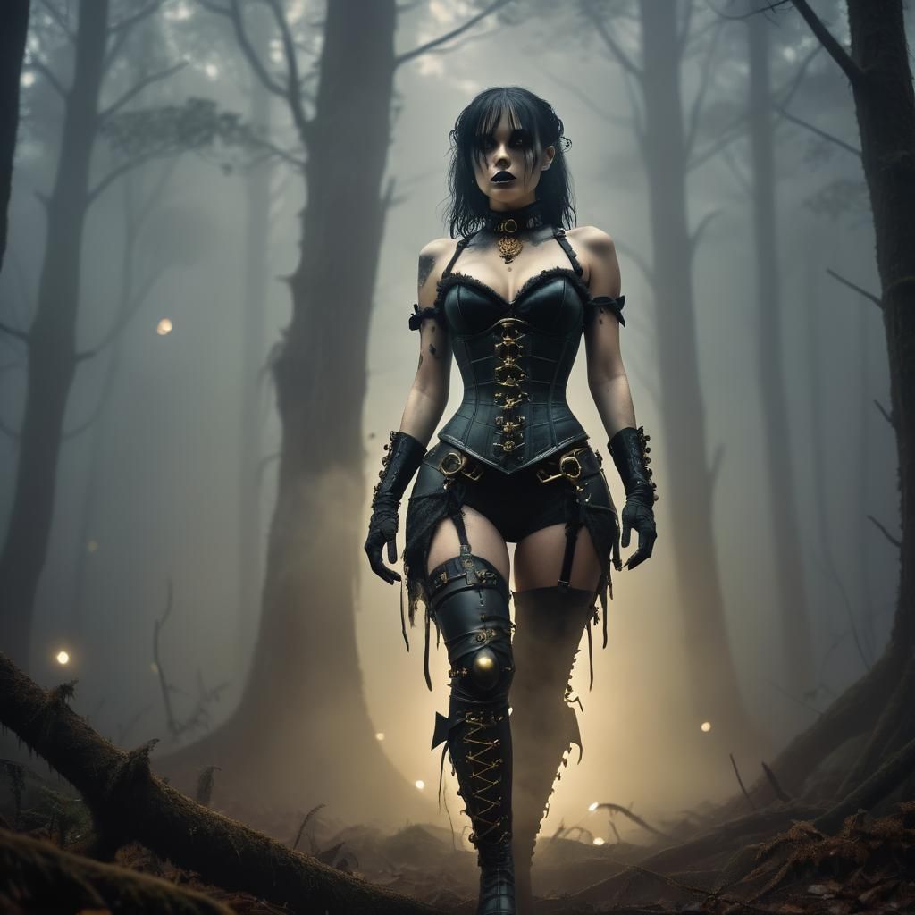 Gothic Horror Alien Bounty Hunter in Dark Forest