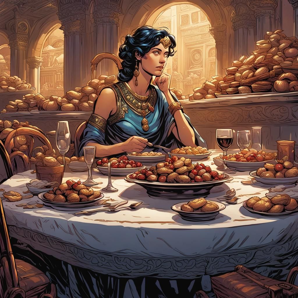 Roman Goddess at Decadent Banquet: Comic Book Art