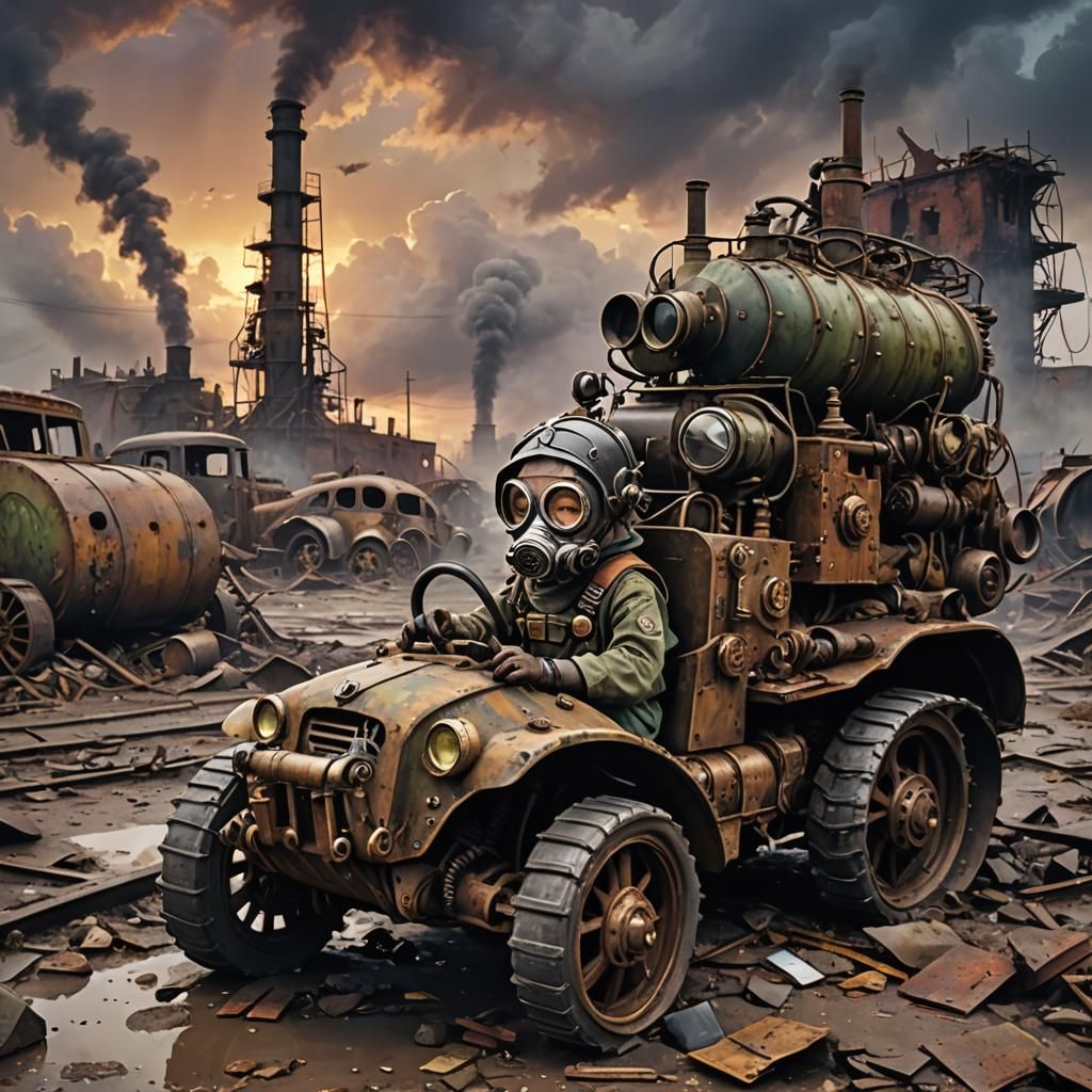 Dieselpunk World War II Wasteland with Girl in Wheelchair
