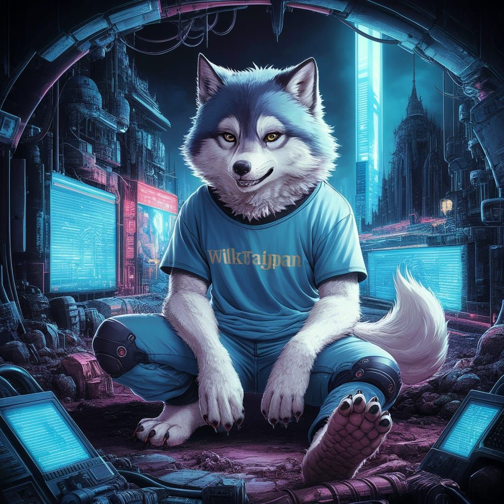 Cyberpunk Anime Wolf in Dystopian Cityscape
