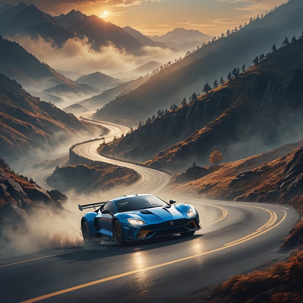 Racecar on Misty Mountain Road in Fantasy Style