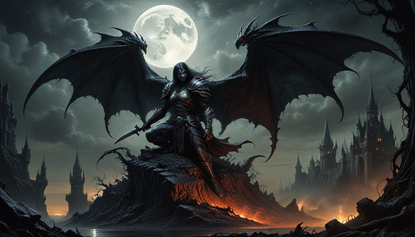 Dark Fantasy Warrior Queen Rides Dragon Over Medieval Castle