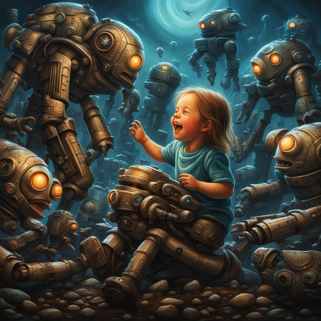 Ticklish Robots Make Girl Laugh in Bioluminescent Landscape