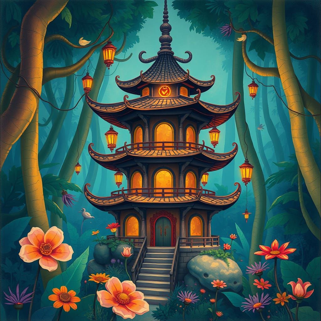 Whimsical Pagoda in Dreamlike Jungle with Glowing Lanterns