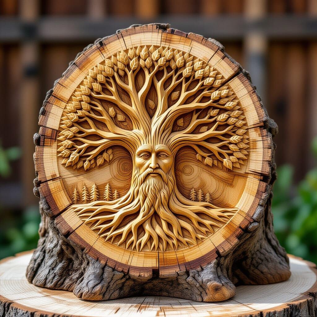 Detailed Wood Art Carved into a Tree Stump
