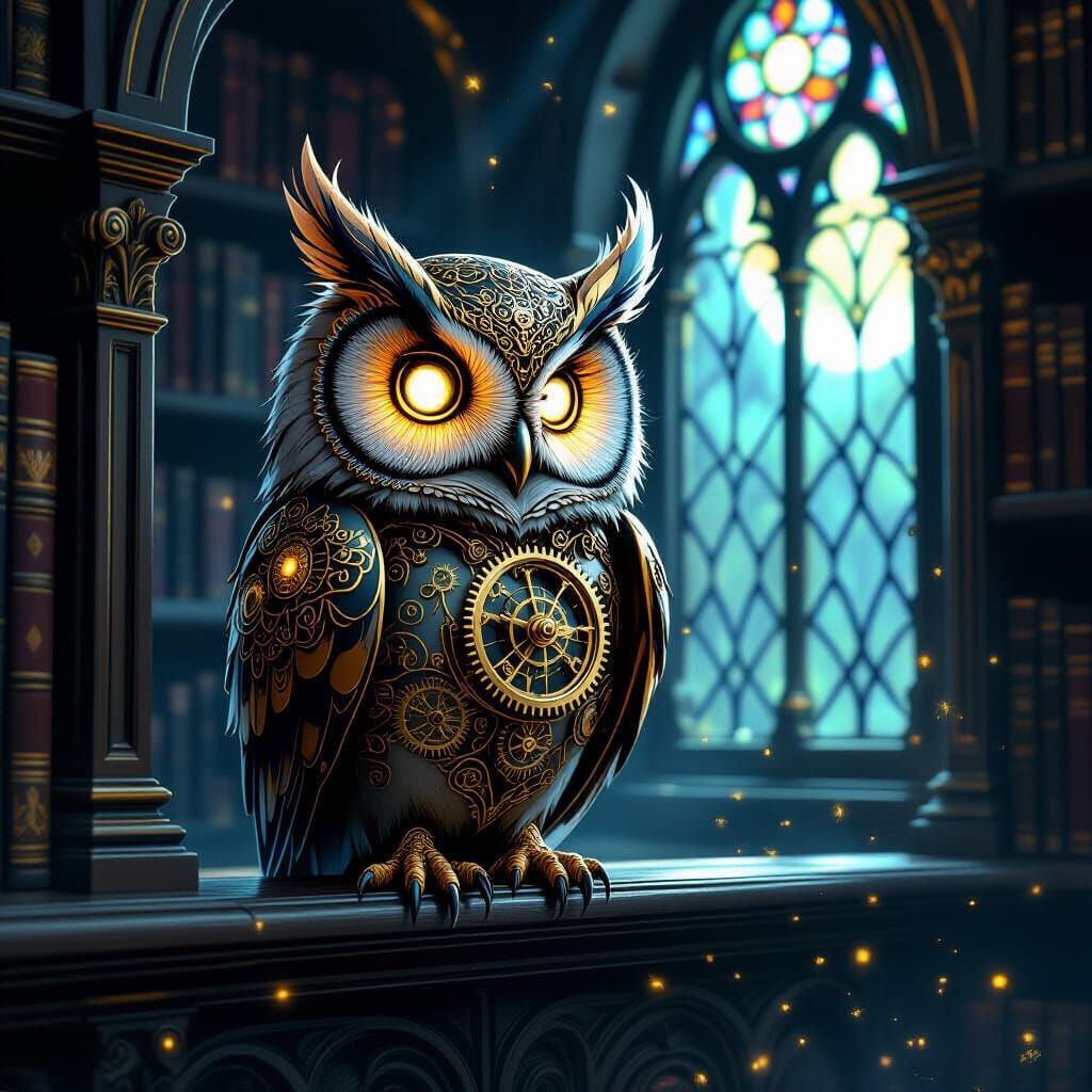 Clockwork Owl on Gothic Shelf with Brass Filigree