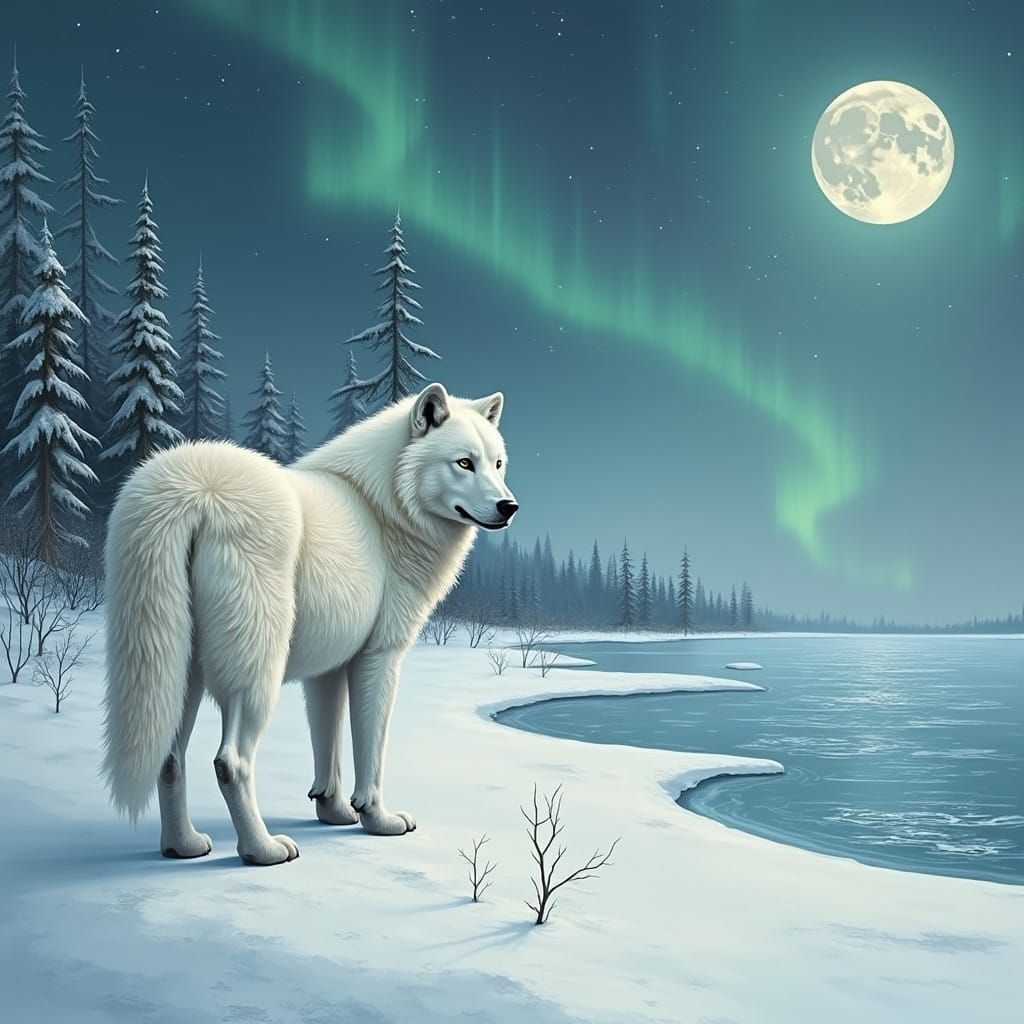 Majestic White Sable Stands on Siberian Lake's Frozen Shore