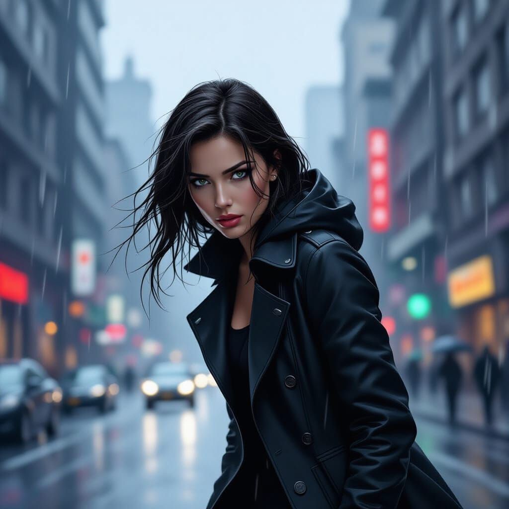 Heroine in Rain-Soaked City with Dynamic Speed Lines