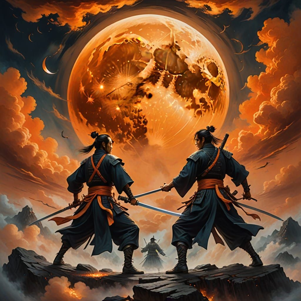 Wuxia Swordsmen Battle Under Surreal Orange Moon