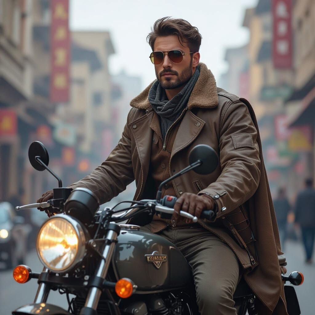 Patrick on Motorcycle in Tehran, Photorealistic Style