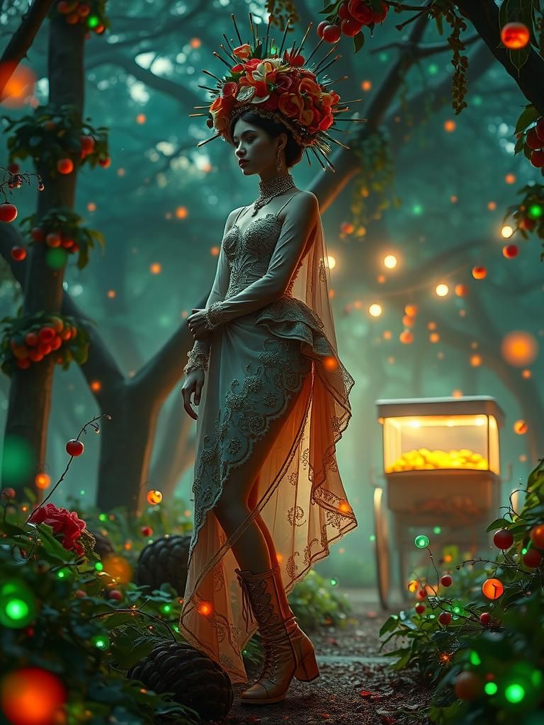 Steampunk Flowerpunk Forest with Woman in Ethereal Outfit