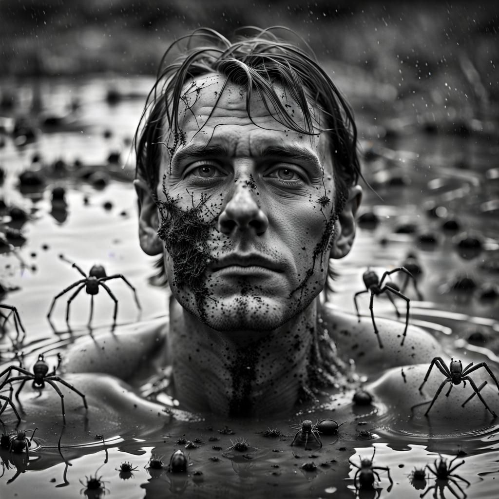 Sinister Man Submerged with Spiders: Hyperrealistic Portrait