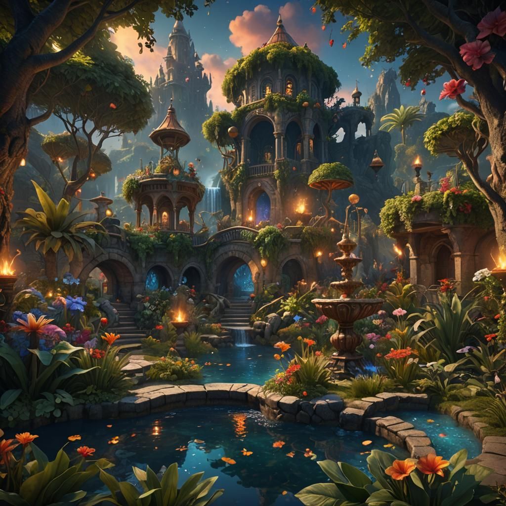 Enchanted Garden with Magical Fires, Digital Art