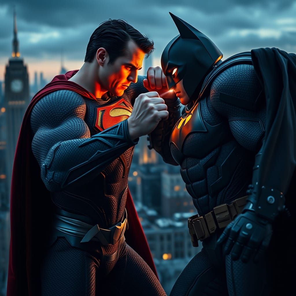 Superman Battles Batman in Gritty Gotham Cityscape